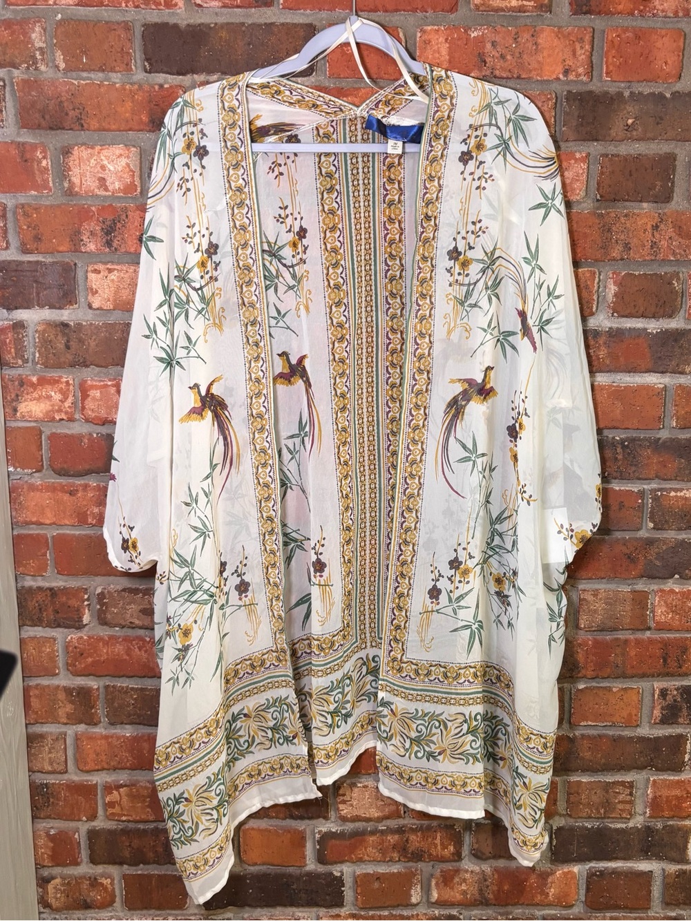 Blue Rain womens Emilia sheer bird print kimono cover up cram M